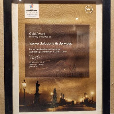 Dell Champions Conclave Gold Award certificate